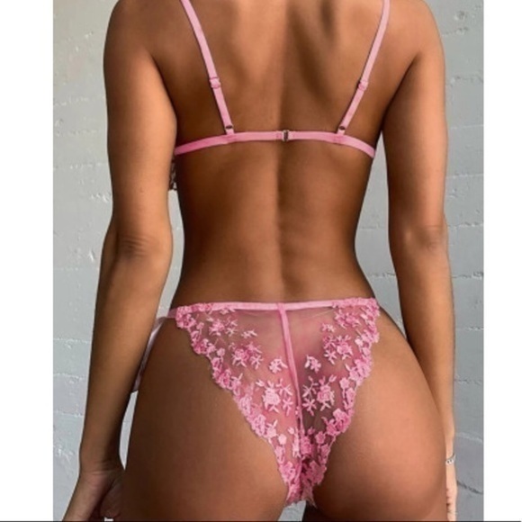 Sheer Lingerie Lace Pink Floral Embroidery Bra and Lace Tie Panty NEW - Picture 2 of 7
